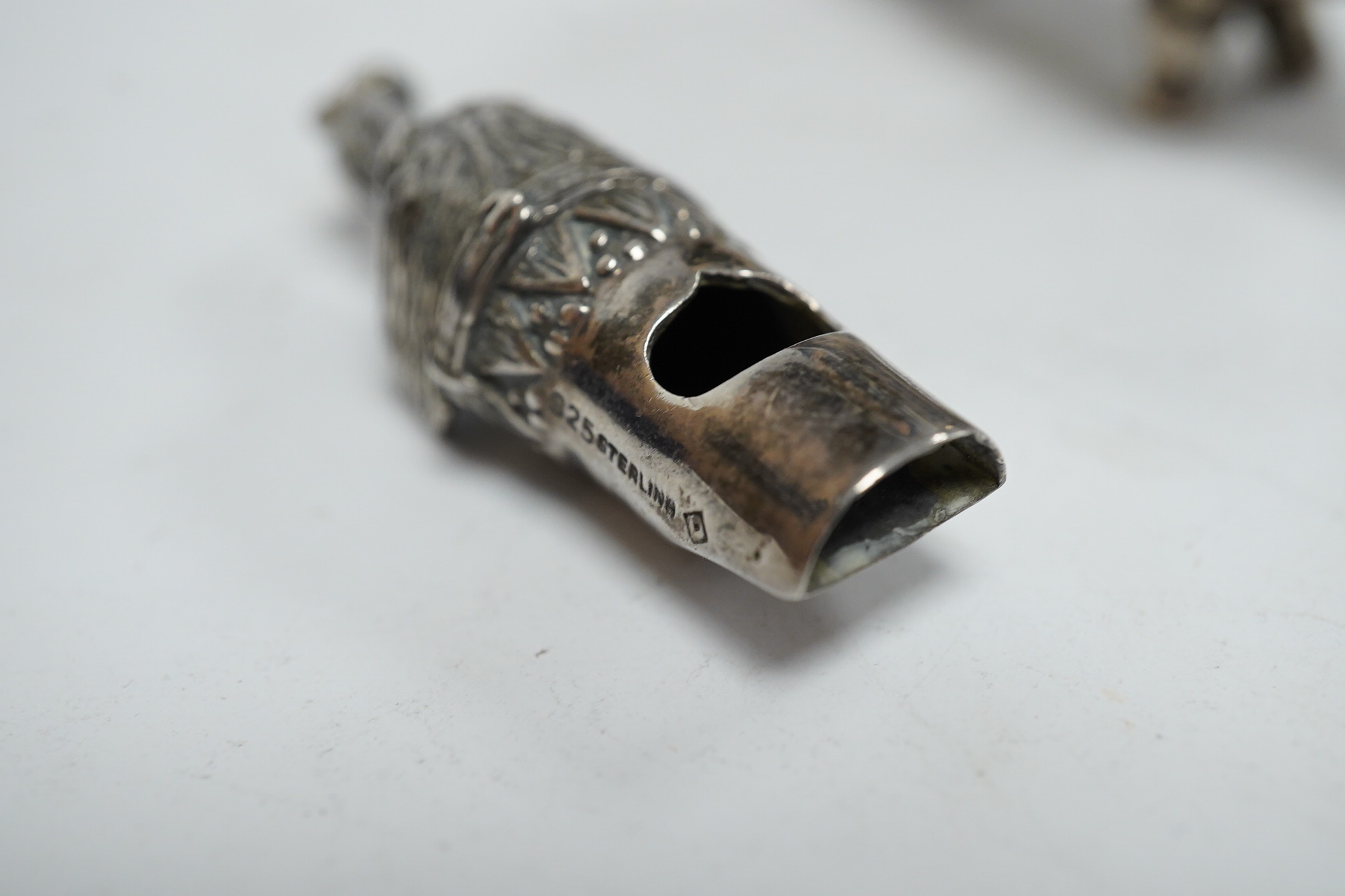 A modern silver novelty vesta case modelled as a pig, by David A. Bowles, London, 1902, 62mm, together with a novelty sterling whistle modelled as a dog's head. Condition - fair to good